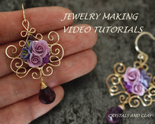 Load image into Gallery viewer, Video tutorial how to make wire wrapped earrings with polymer clay rose bouquet
