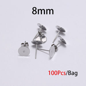 3/4/5/6/8/10/12mm 100pcs Stainless Steel Silver Earring Posts with Earring Backs