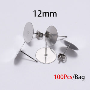 3/4/5/6/8/10/12mm 100pcs Stainless Steel Silver Earring Posts with Earring Backs