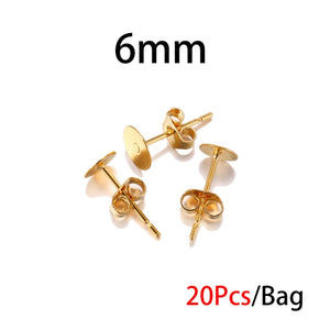 3/4/5/6/8/10/12mm 20pcs Stainless Steel Gold Earring Posts with Earring Backs